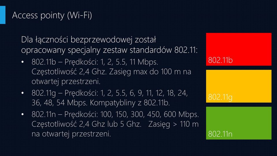 11g Prędkości: 1, 2, 5.5, 6, 9, 11, 12, 18, 24, 36, 48, 54 Mbps. Kompatybliny z 802.11b. 802.11b 802.11g 802.