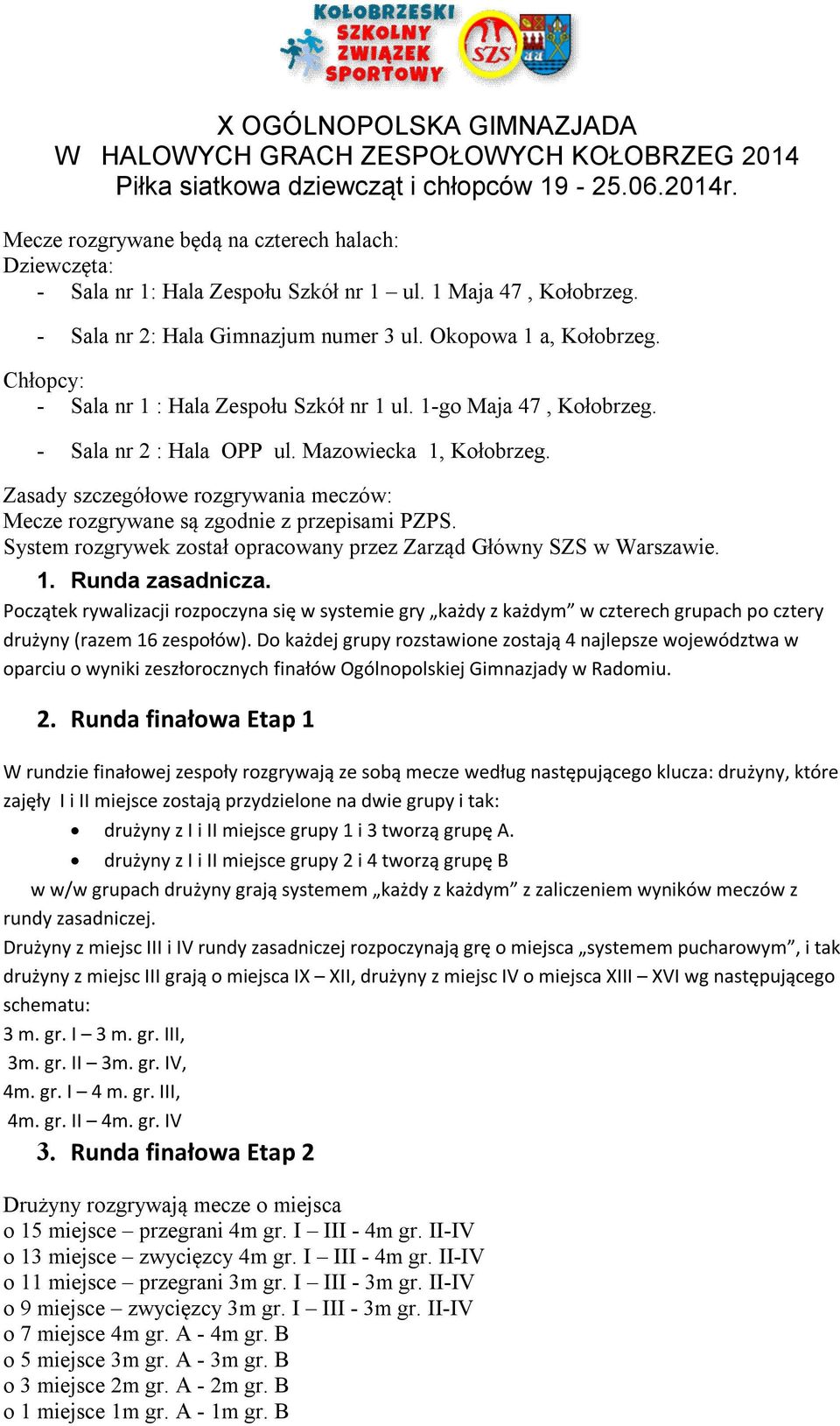 Chłopcy: - Sala nr 1 : Hala Zespołu Szkół nr 1 ul. 1-go Maja 47, Kołobrzeg. - Sala nr 2 : Hala OPP ul. Mazowiecka 1, Kołobrzeg.