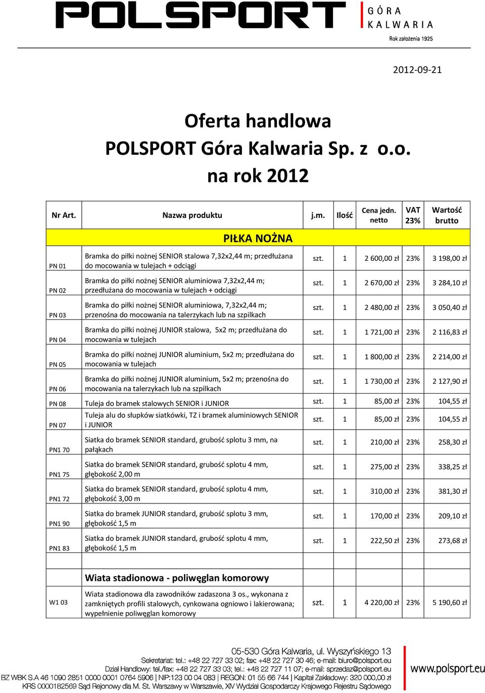 aluminiowa 7,32x2,44 m; przedłużana do mocowania w tulejach + odciągi Bramka do piłki nożnej SENIOR aluminiowa, 7,32x2,44 m; przenośna do mocowania na talerzykach lub na szpilkach Bramka do piłki