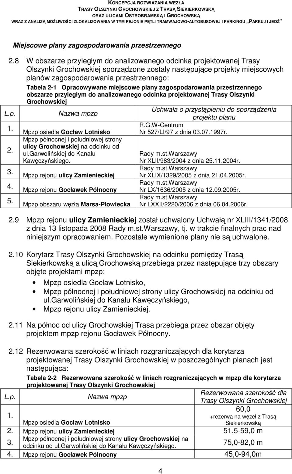 5. Tabela 2-1 Opracowywane miejscowe plany zagospodarowania przestrzennego obszarze przyległym do analizowanego odcinka projektowanej Trasy Olszynki Grochowskiej Uchwała o przystąpieniu do