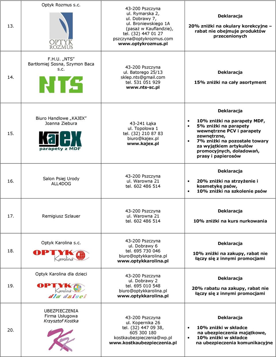 531 051 929 www.nts-sc.pl 15% zniżki na cały asortyment 15. Biuro Handlowe KAJEX Joanna Ziebura 43-241 Łąka ul. Topolowa 1 tel. (32) 210 87 83 biuro@kajex.