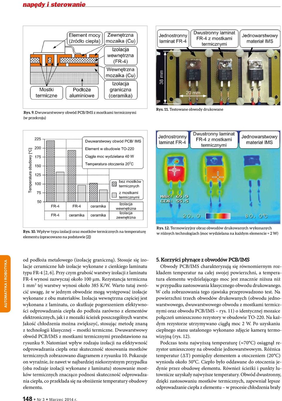 Termowizyjny obraz obwodów drukowanych wykonanych w różnych technologiach (moc wydzielana na każdym elemencie 2 W) Automatyka i robotyka od podłoża metalowego (izolację graniczną).