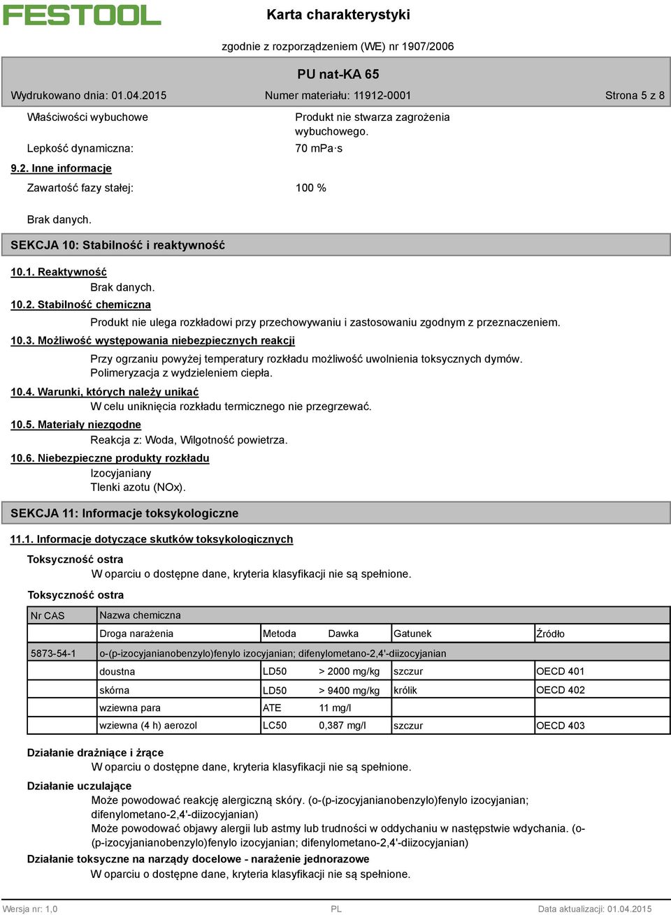 Możliwość występowania niebezpiecznych reakcji Przy ogrzaniu powyżej temperatury rozkładu możliwość uwolnienia toksycznych dymów. Polimeryzacja z wydzieleniem ciepła. 10.4.