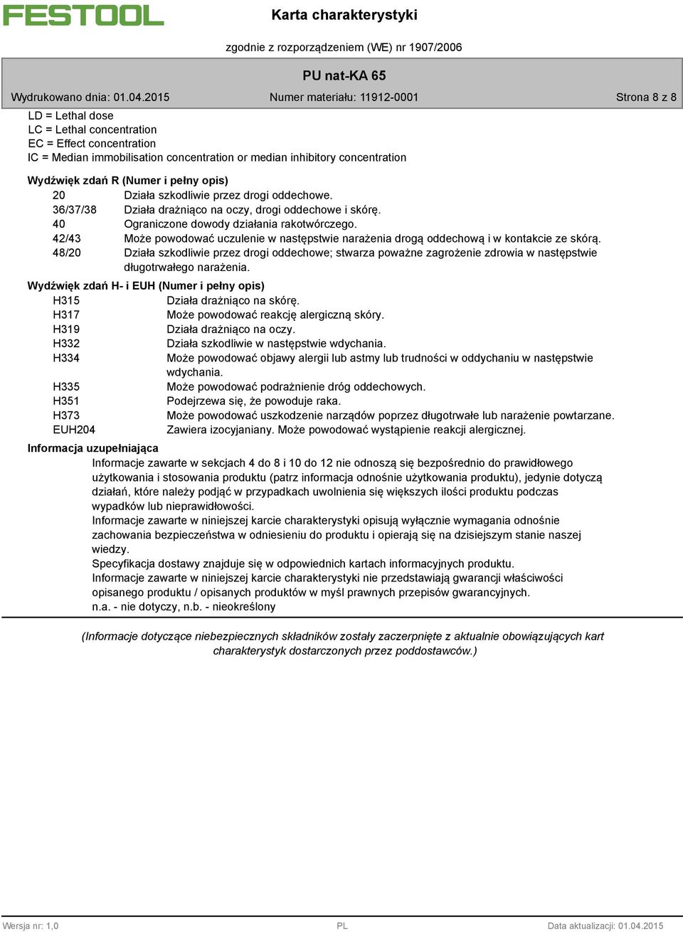 42/43 Może powodować uczulenie w następstwie narażenia drogą oddechową i w kontakcie ze skórą.