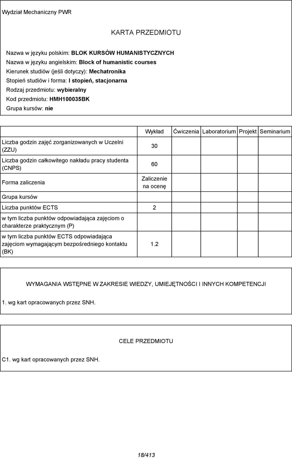 całkowitego nakładu pracy studenta (CNPS) Forma zaliczenia Grupa kursów Wykład 30 60 Zaliczenie na ocenę Liczba punktów ECTS w tym liczba punktów odpowiadająca zajęciom o charakterze praktycznym (P)