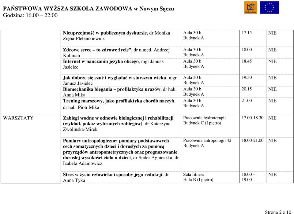 Anna Mika Trening marszowy, jako profilaktyka chorób naczyń, dr hab. Piotr Mika 17.15 18.00 18.45 19.30 20.