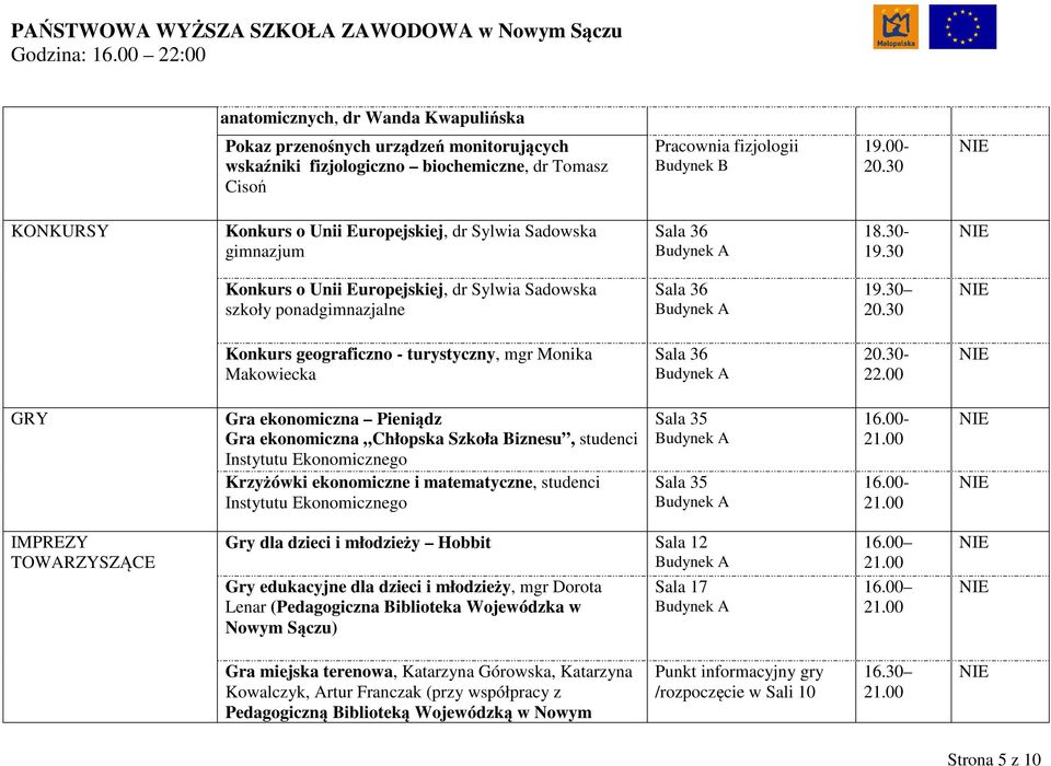 30 Konkurs geograficzno - turystyczny, mgr Monika Makowiecka Sala 36 20.30-22.