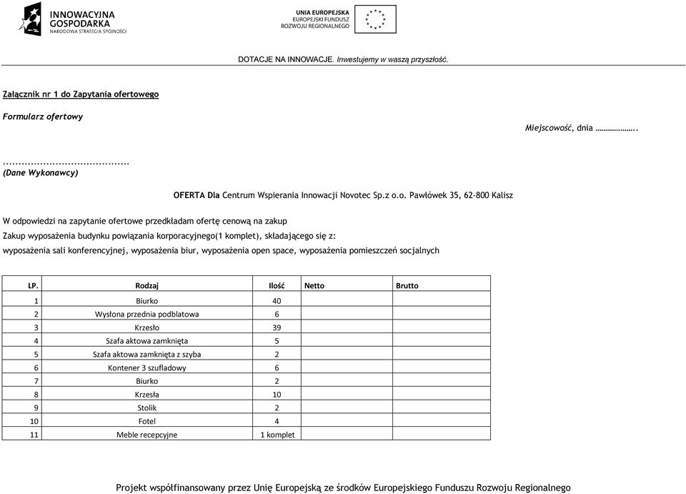 ertowego Formularz ofertowy Miejscowość, dnia..... (Dane Wykonawcy) OFERTA Dla Centrum Wspierania Innowacji Novotec Sp.z o.o. Pawłówek 35, 62-800 Kalisz W odpowiedzi na