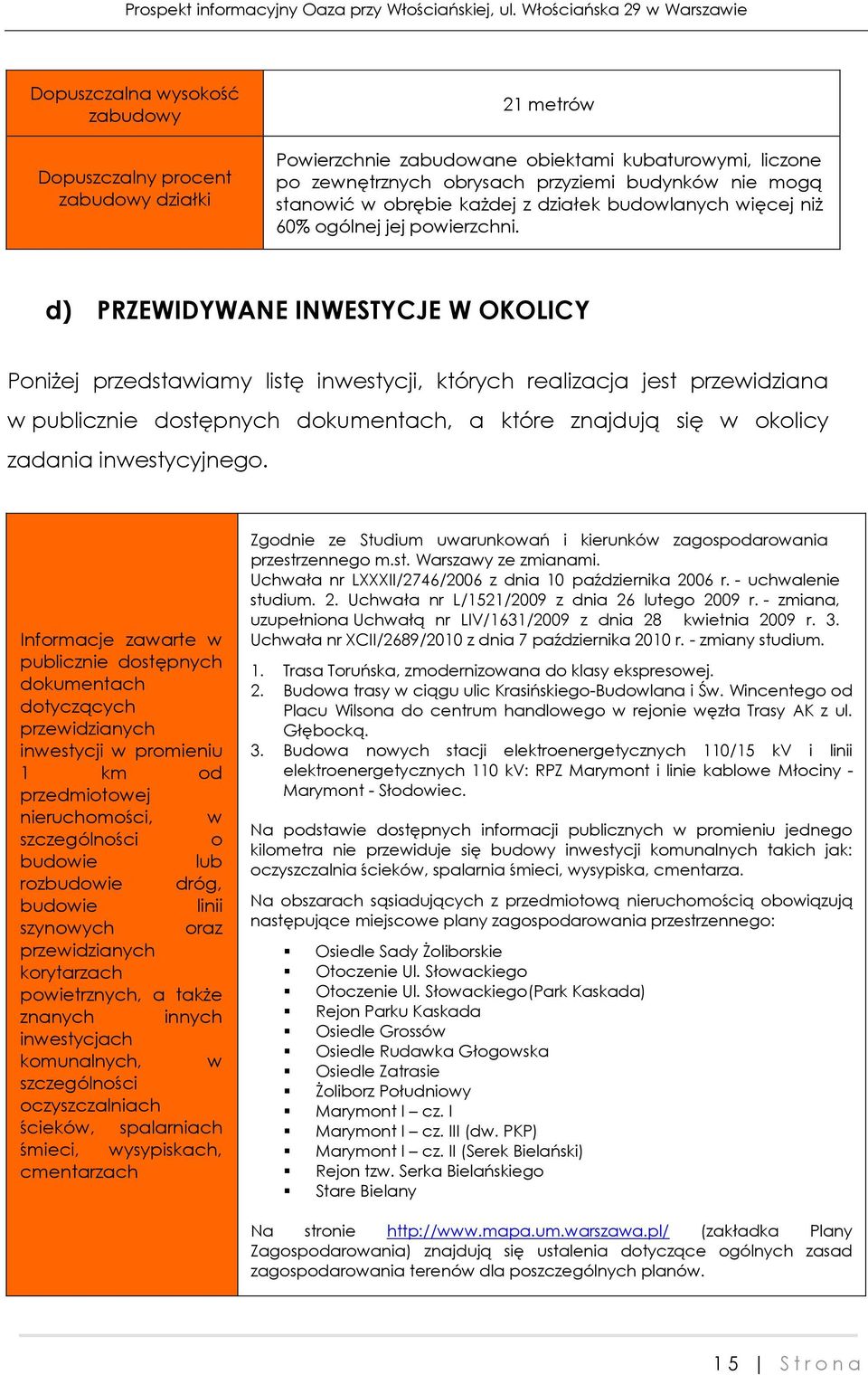 d) PRZEWIDYWANE INWESTYCJE W OKOLICY Poniżej przedstawiamy listę inwestycji, których realizacja jest przewidziana w publicznie dostępnych dokumentach, a które znajdują się w okolicy zadania