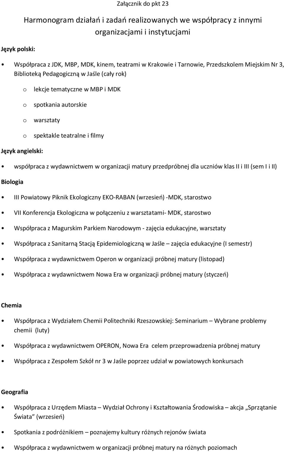 wydawnictwem w organizacji matury przedpróbnej dla uczniów klas II i III (sem I i II) Biologia III Powiatowy Piknik Ekologiczny EKO-RABAN (wrzesień) -MDK, starostwo VII Konferencja Ekologiczna w