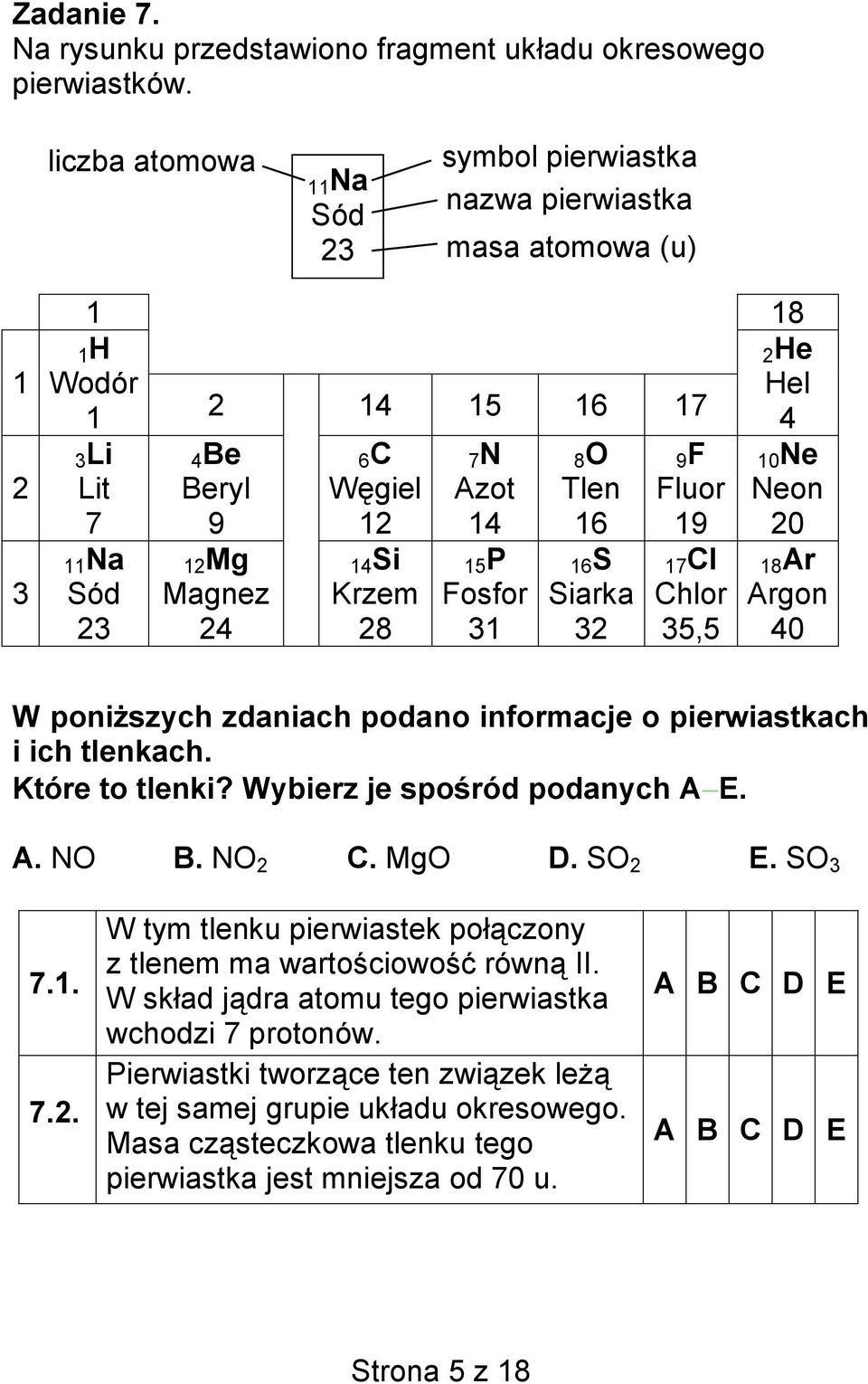 28 7N Azot 14 15P Fosfor 31 8O Tlen 16 16S Siarka 32 9F Fluor 19 17Cl Chlor 35,5 10Ne Neon 20 18Ar Argon 40 W poniższych zdaniach podano informacje o pierwiastkach i ich tlenkach. Które to tlenki?