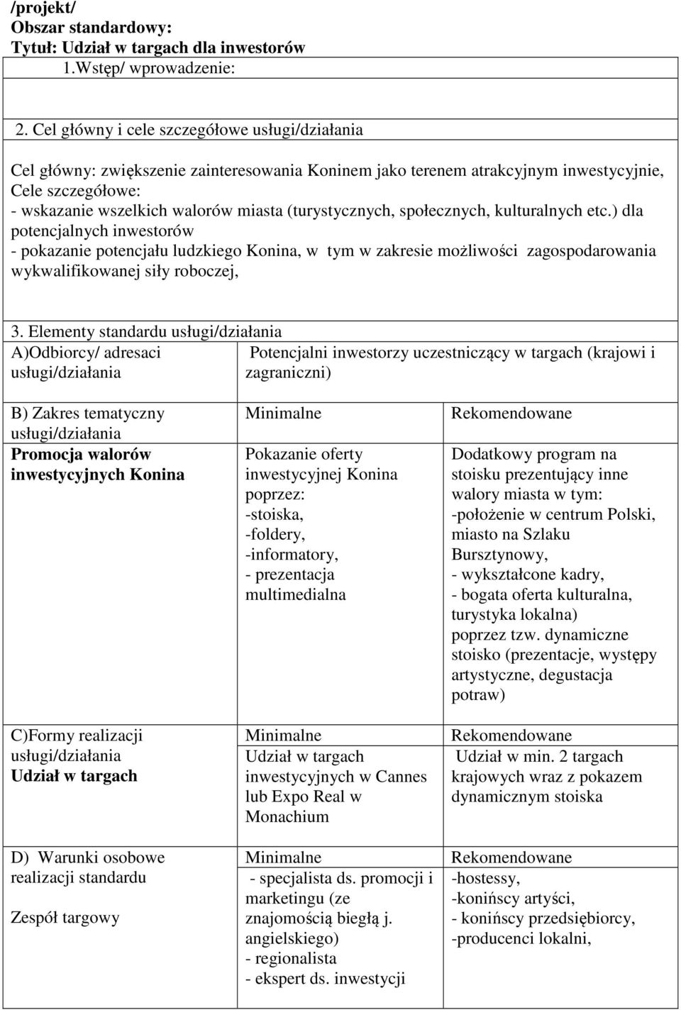 społecznych, kulturalnych etc.) dla potencjalnych inwestorów - pokazanie potencjału ludzkiego Konina, w tym w zakresie możliwości zagospodarowania wykwalifikowanej siły roboczej, 3.