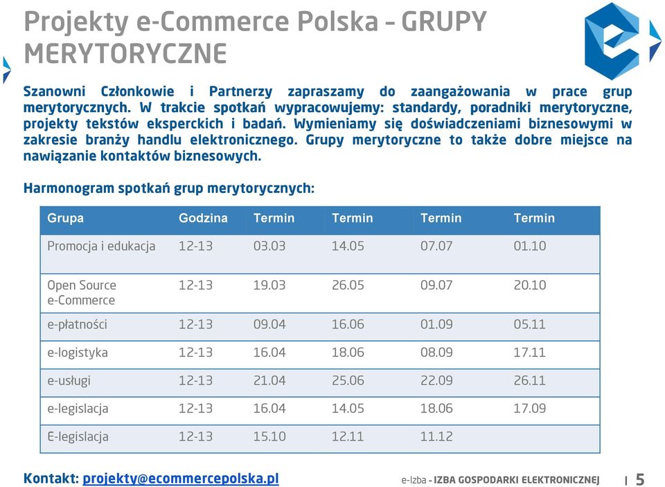 Grupy merytoryczne to także dobre miejsce na nawiązanie kontaktów biznesowych. Harmonogram spotkań grup merytorycznych: Grupa Godzina Termin Termin Termin Termin Promocja i edukacja 12-13 03.03 14.