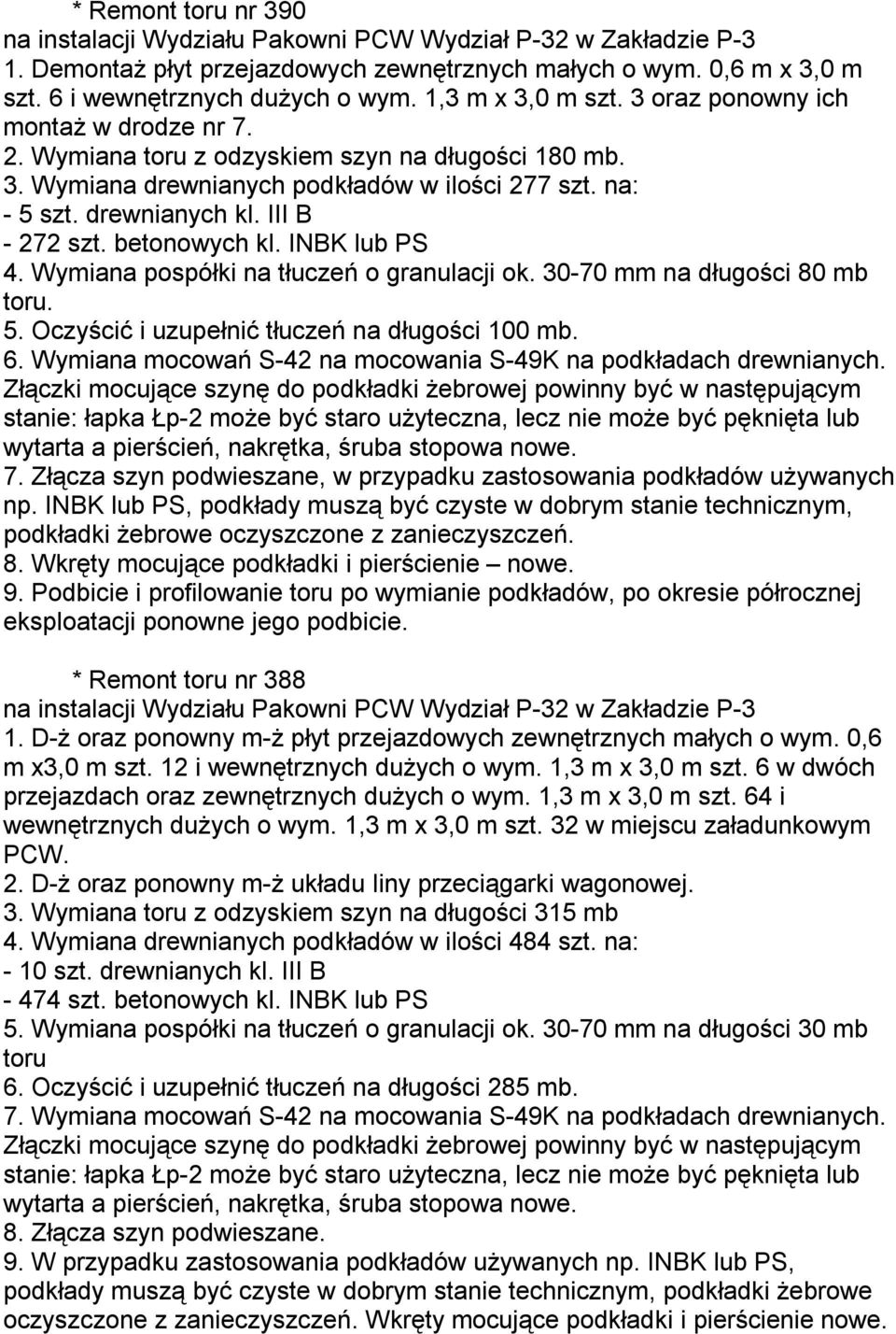 III B - 272 szt. betonowych kl. INBK lub PS 4. Wymiana pospółki na tłuczeń o granulacji ok. 30-70 mm na długości 80 mb toru. 5. Oczyścić i uzupełnić tłuczeń na długości 100 mb. 6.
