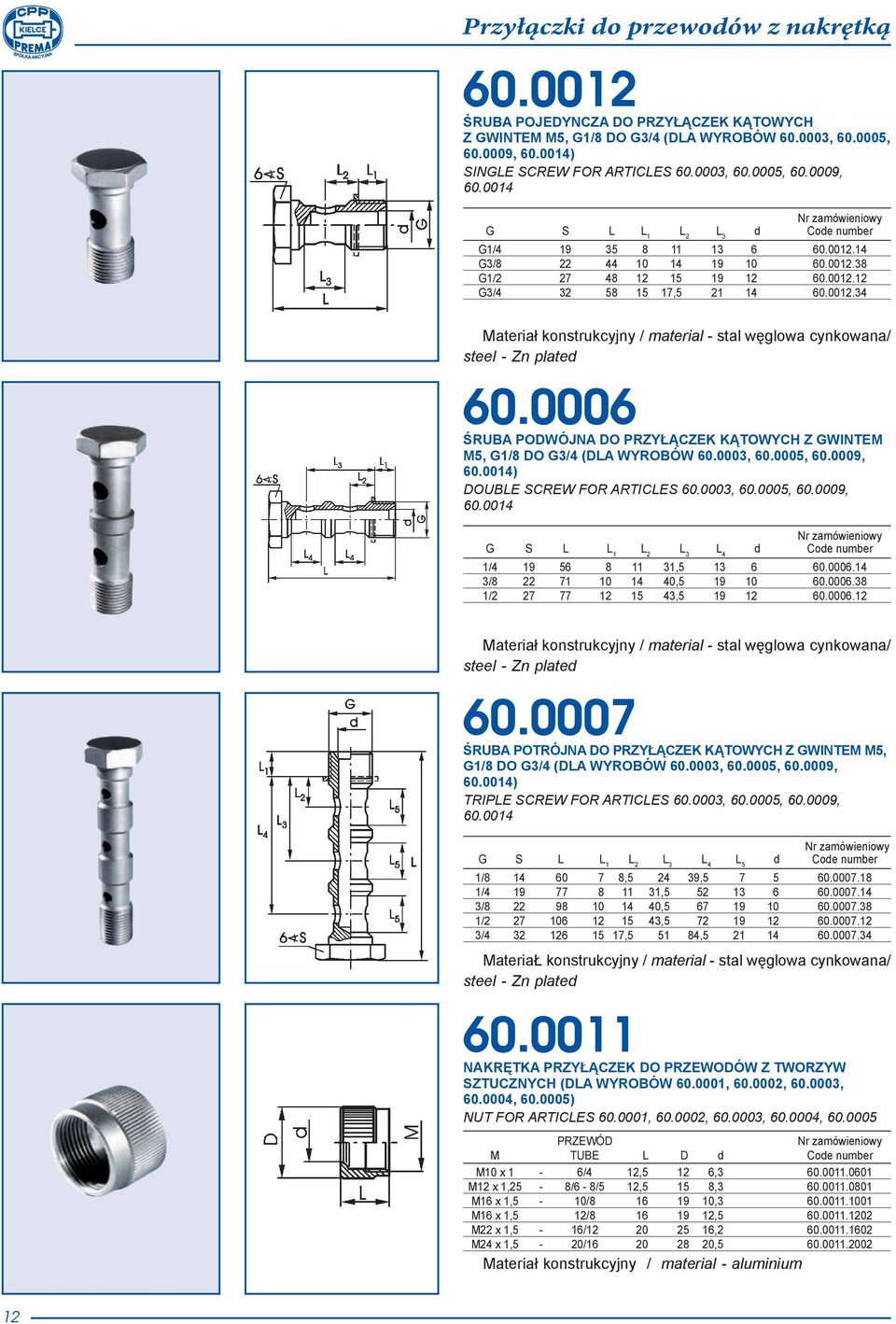 0006 ŚRUBA PODWÓJNA DO PRZYŁĄCZEK KĄTOWYCH Z GWINTEM M5, G1/8 DO G3/4 (DLA WYROBÓW 60.0003, 60.0005, 60.0009, 60.0014) DOUBLE SCREW FOR ARTICLES 60.0003, 60.0005, 60.0009, 60.0014 G S L L 1 L 4 d Code number 1/4 19 56 8 11 31,5 13 6 60.