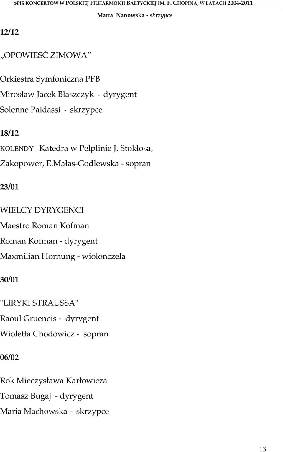 CHOPINA, W LATACH 2004-2011 OPOWIEŚĆ ZIMOWA Orkiestra Symfoniczna PFB Mirosław Jacek Błaszczyk - dyrygent Solenne Paidassi - skrzypce