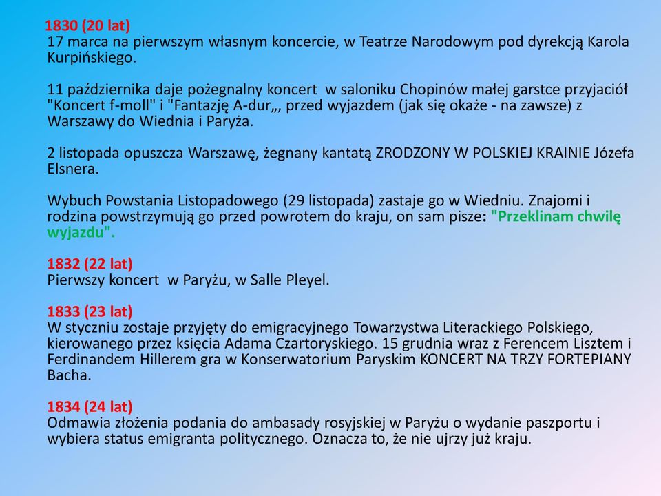 2 listopada opuszcza Warszawę, żegnany kantatą ZRODZONY W POLSKIEJ KRAINIE Józefa Elsnera. Wybuch Powstania Listopadowego (29 listopada) zastaje go w Wiedniu.