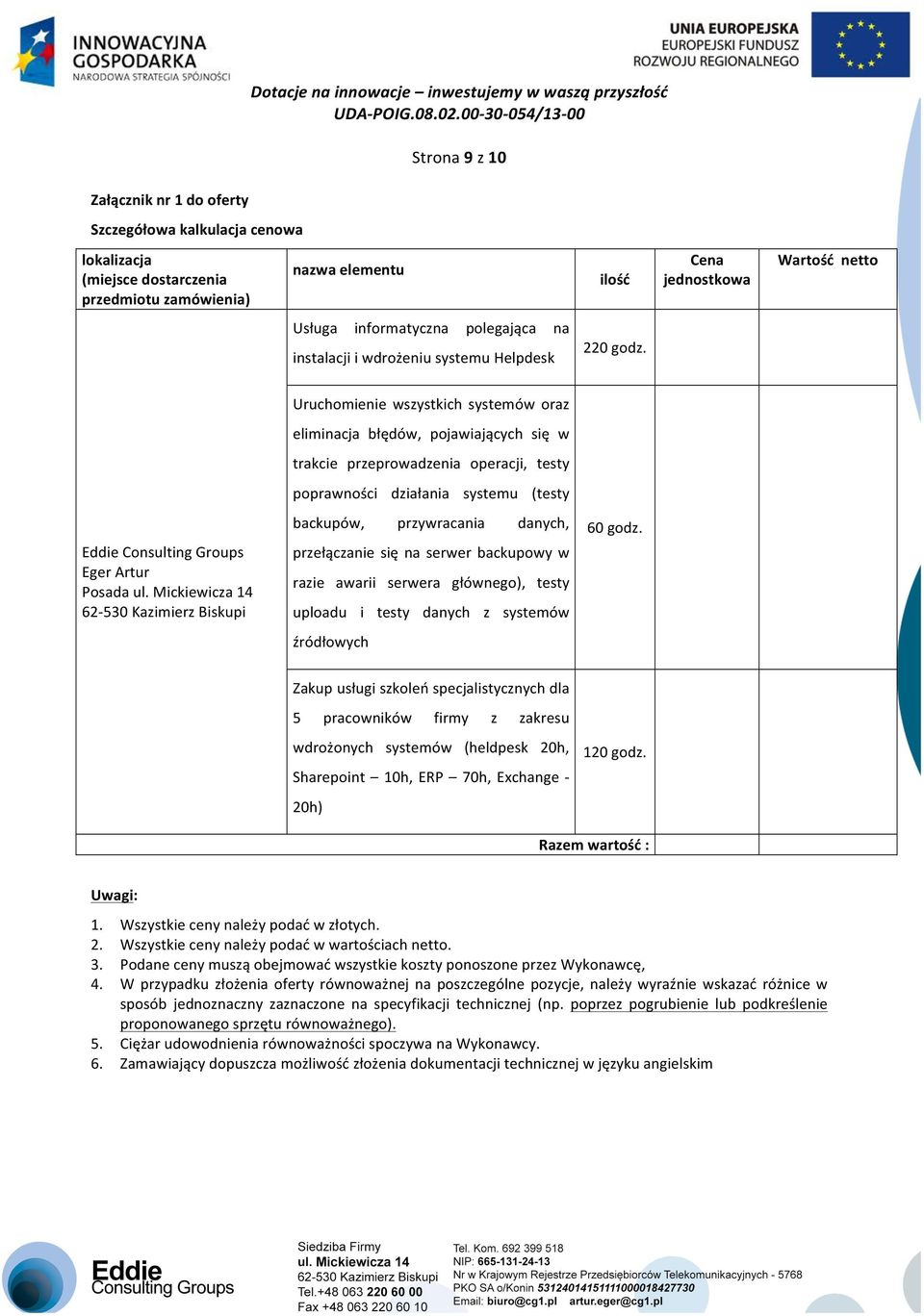 Uruchomienie wszystkich systemów oraz eliminacja błędów, pojawiających się w trakcie przeprowadzenia operacji, testy poprawności działania systemu (testy Eddie Consulting Groups Eger Artur Posada ul.