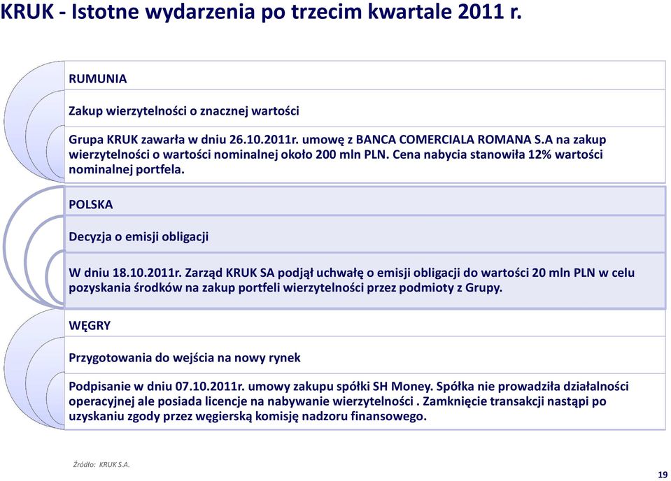 Zarząd KRUK SA podjął uchwałę o emisji obligacji do wartości 20 mln PLN w celu pozyskania środków na zakup portfeli wierzytelności przez podmioty z Grupy.