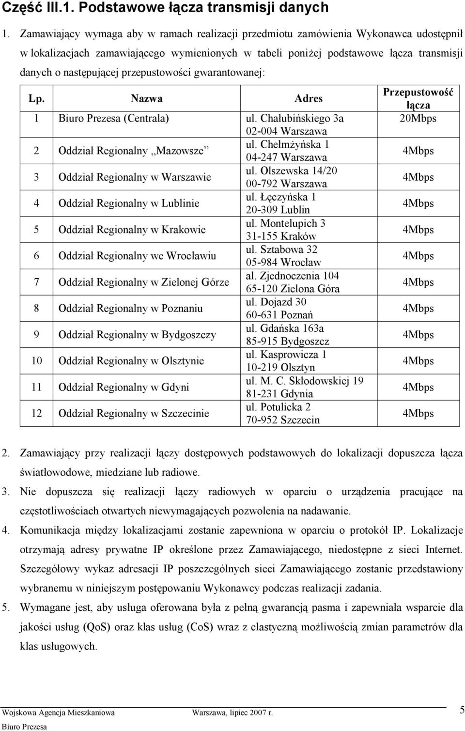 przepustowości gwarantowanej: Lp. Nazwa Adres 1 (Centrala) ul. Chałubińskiego 3a 02-004 Warszawa 2 Oddział Regionalny Mazowsze ul. Chełmż yńska 1 04-247 Warszawa 3 Oddział Regionalny w Warszawie ul.