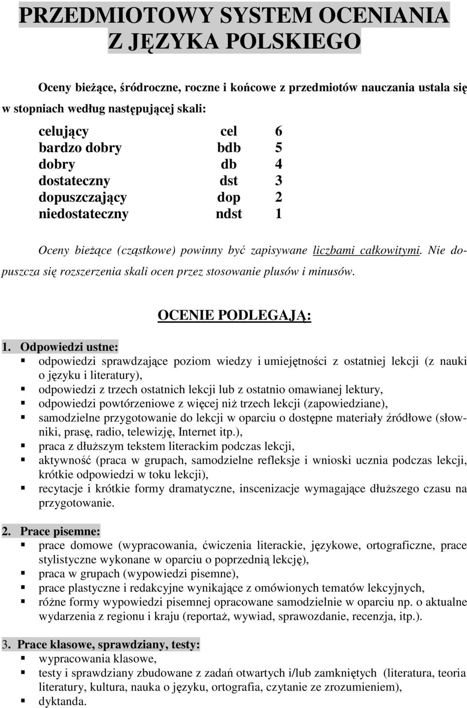 Nie dopuszcza się rozszerzenia skali ocen przez stosowanie plusów i minusów. OCENIE PODLEGAJĄ: 1.