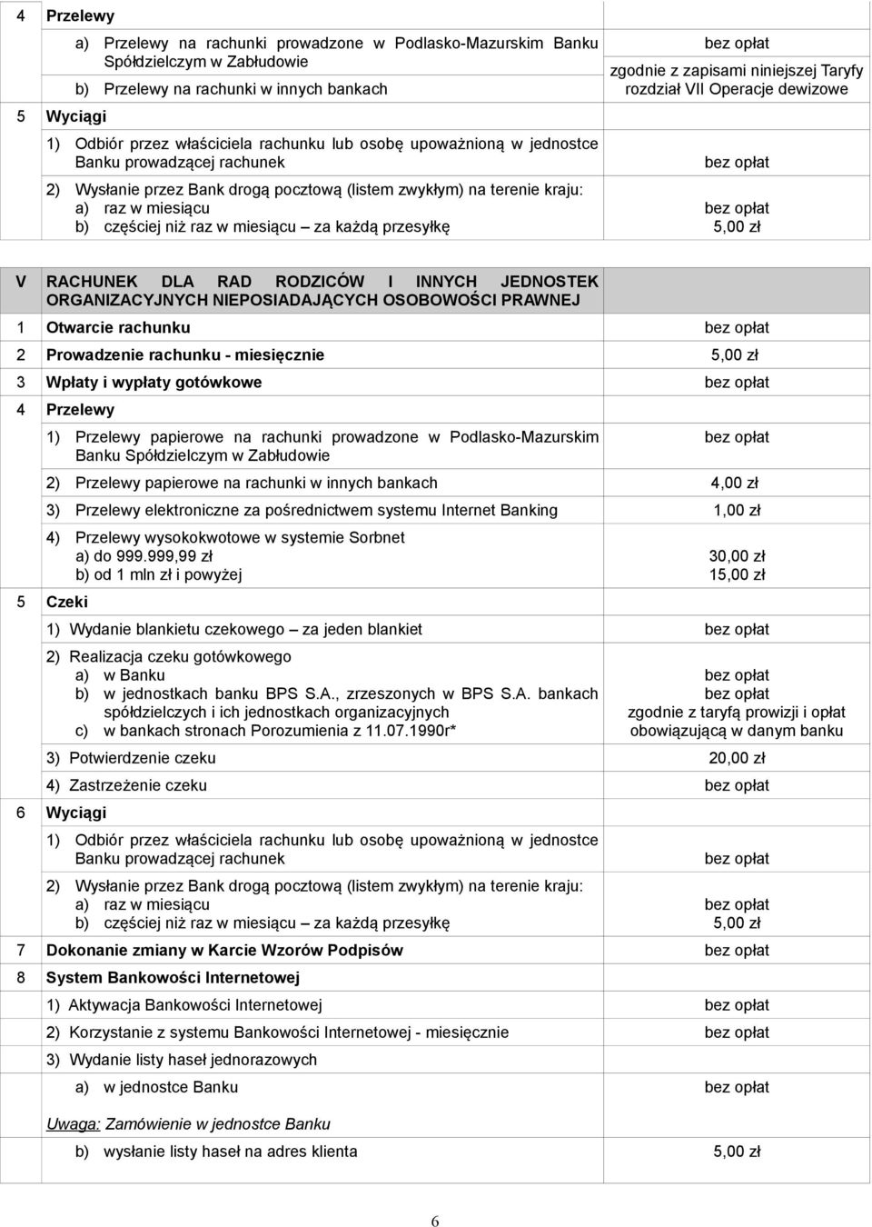 z zapisami niniejszej Taryfy rozdział VII Operacje dewizowe V RACHUNEK DLA RAD RODZICÓW I INNYCH JEDNOSTEK ORGANIZACYJNYCH NIEPOSIADAJĄCYCH OSOBOWOŚCI PRAWNEJ 1 Otwarcie rachunku 2 Prowadzenie