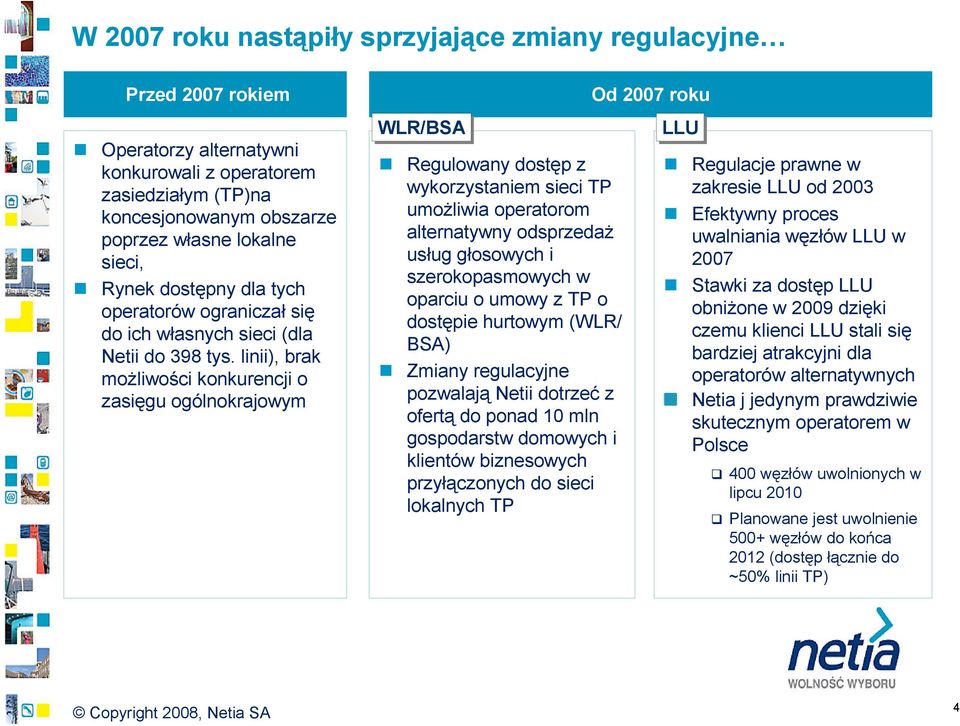 linii), brak moŝliwości konkurencji o zasięgu ogólnokrajowym WLR/BSA Regulowany dostęp z wykorzystaniem sieci TP umoŝliwia operatorom alternatywny odsprzedaŝ usług głosowych i szerokopasmowych w