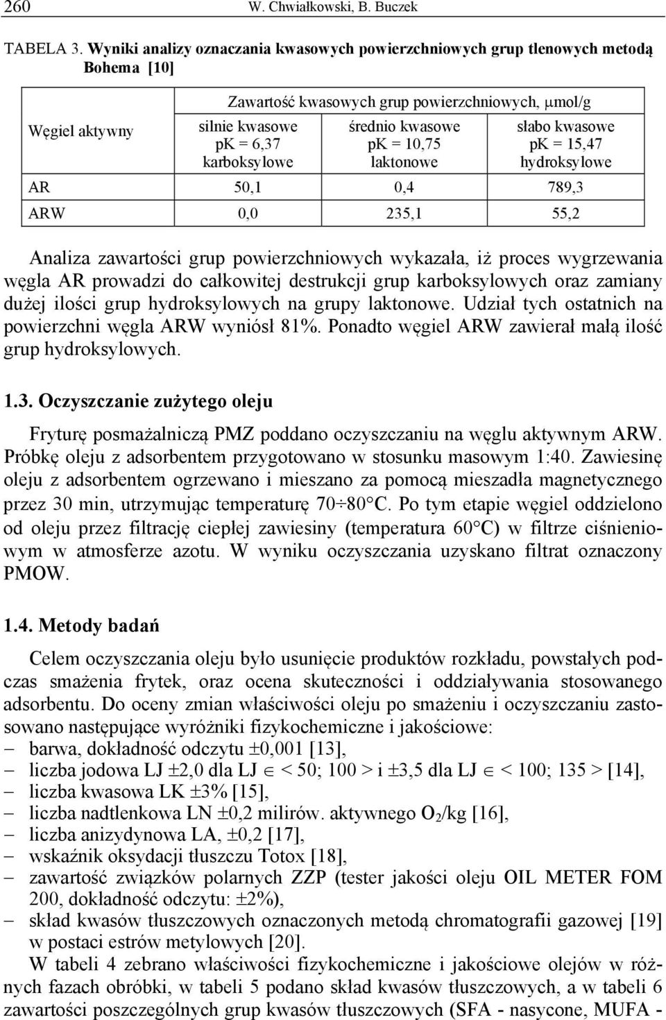 kwasowe pk = 10,75 laktonowe słabo kwasowe pk = 15,47 hydroksylowe AR 50,1 0,4 789,3 ARW 0,0 235,1 55,2 Analiza zawartości grup powierzchniowych wykazała, iż proces wygrzewania węgla AR prowadzi do