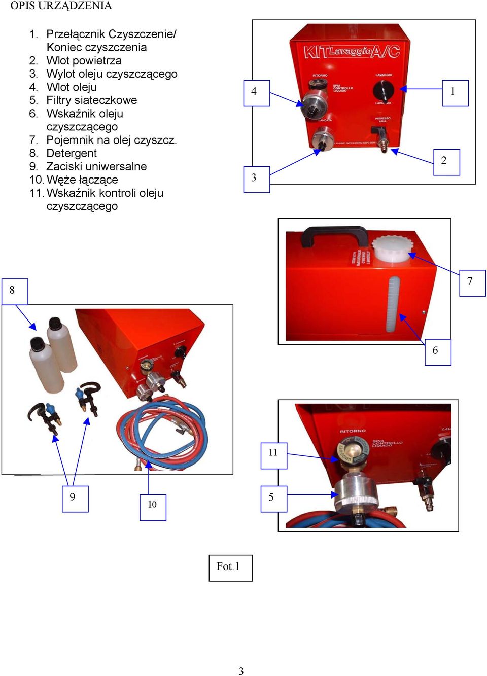Wskaźnik oleju czyszczącego 7. Pojemnik na olej czyszcz. 8. Detergent 9.