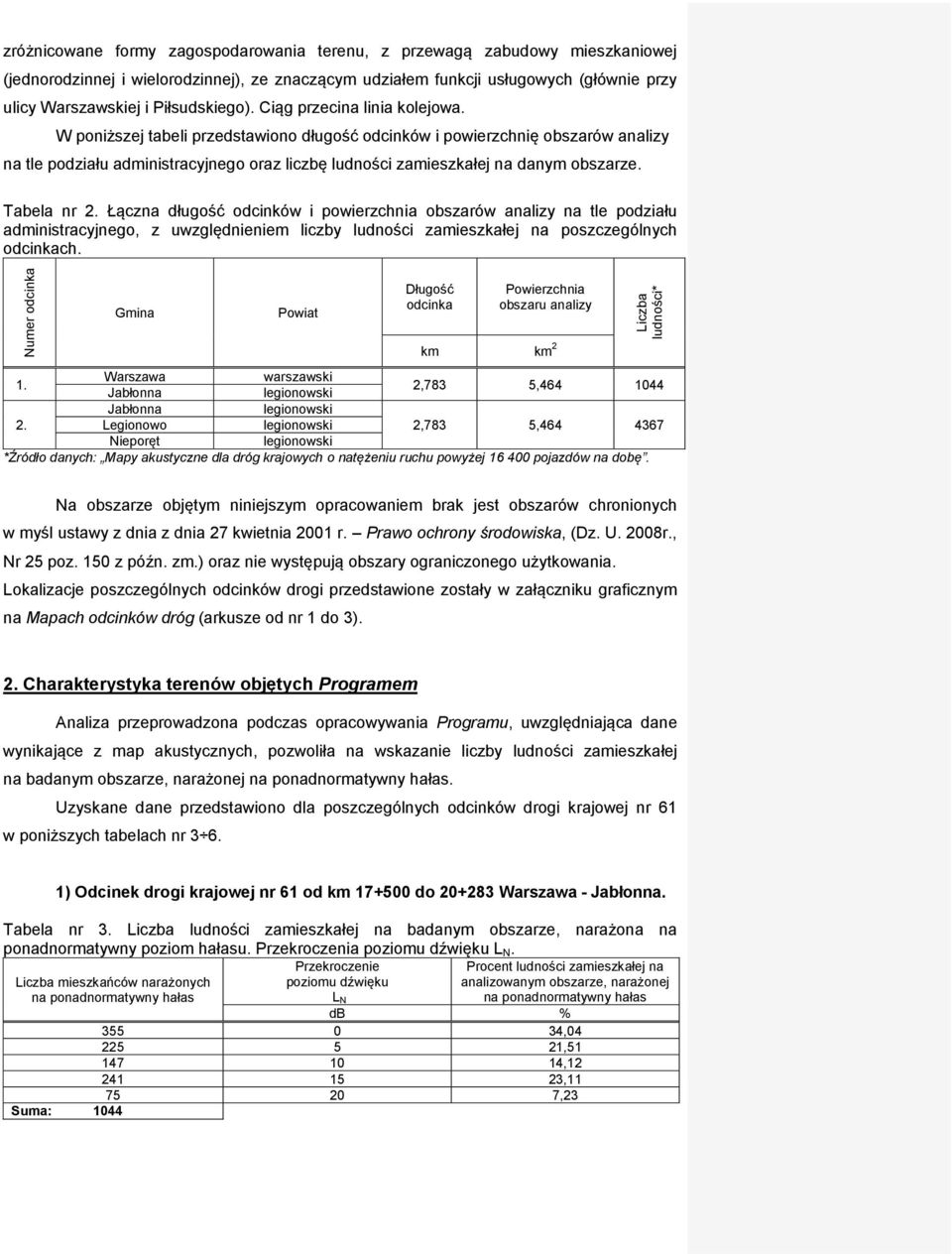 W poniższej tabeli przedstawiono długość odcinków i powierzchnię obszarów analizy na tle podziału administracyjnego oraz liczbę ludności zamieszkałej na danym obszarze. Tabela nr 2.