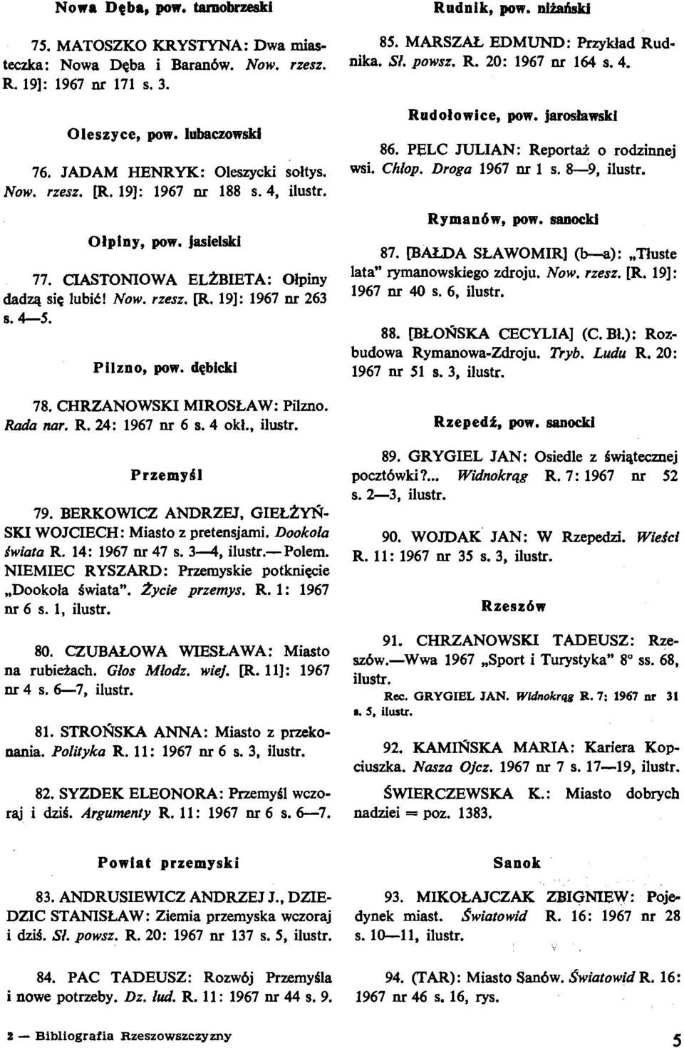 4-5. Pilzno, pow. debicki 78. CHRZANOWSKI MIROSLAW: Pilzno. Rada nar. R. 24: 1967 nr 6 s. 4 okl., Rud 010 wice, pow. jaroshwski 86. PELC JULIAN: Report& o rodzinnej wsi. Chlop. Droga 1967 nr 1 s.