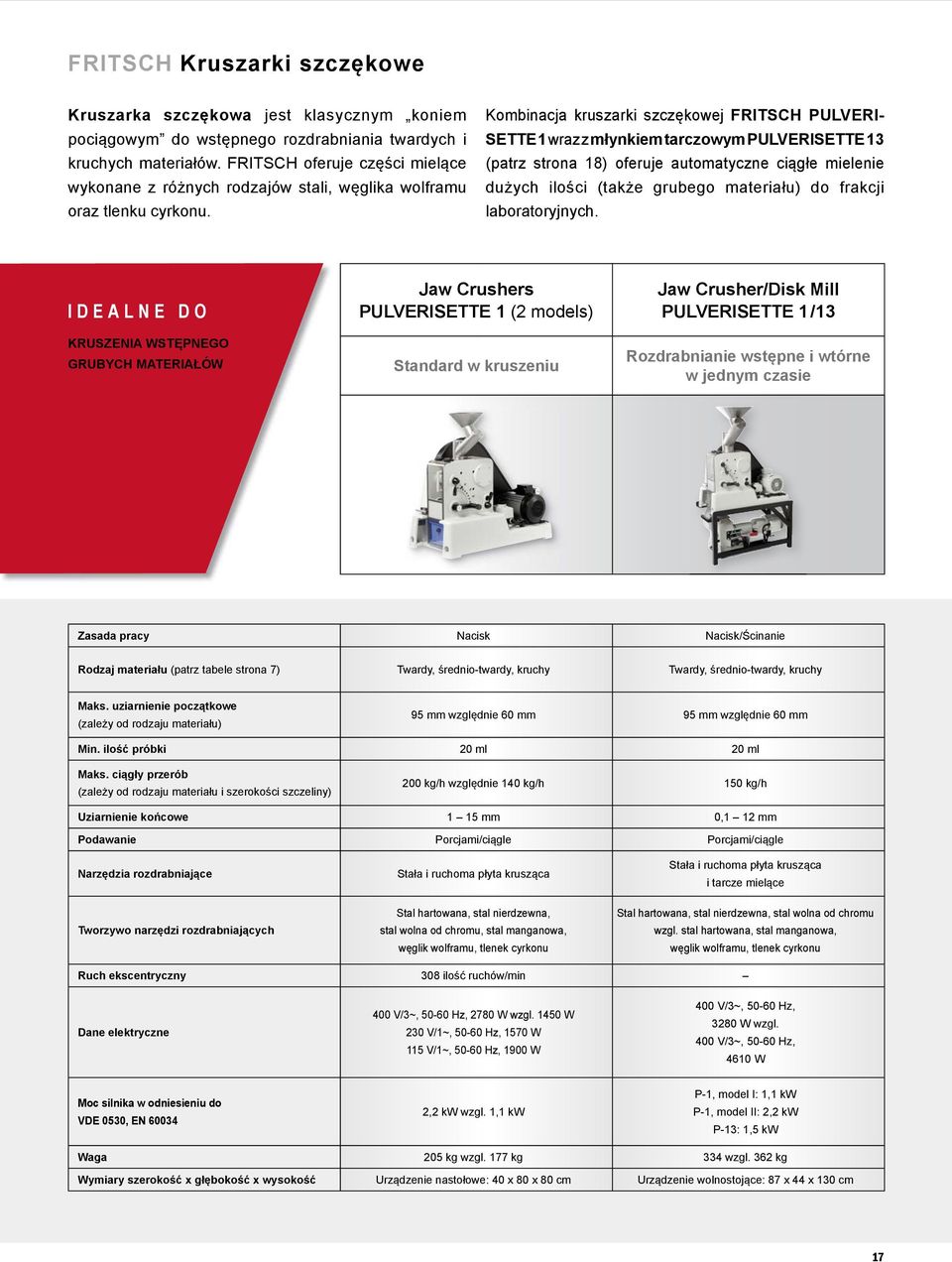 Kombinacja kruszarki szczękowej FRITSCH PULVERI- SETTE 1wraz z młynkiem tarczowym PULVERISETTE 13 (patrz strona 18) oferuje automatyczne ciągłe mielenie dużych ilości (także grubego materiału) do