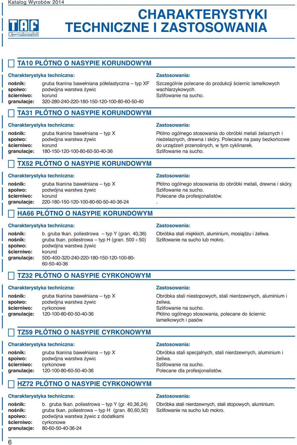 TA31 PŁÓTNO O NASYPIE KORUNDOWYM Charakterystyka techniczna: nośnik: gruba tkanina bawełniana typ X spoiwo: podwójna warstwa żywic ścierniwo: korund granulacje: 180-150-120-100-80-60-50-40-36