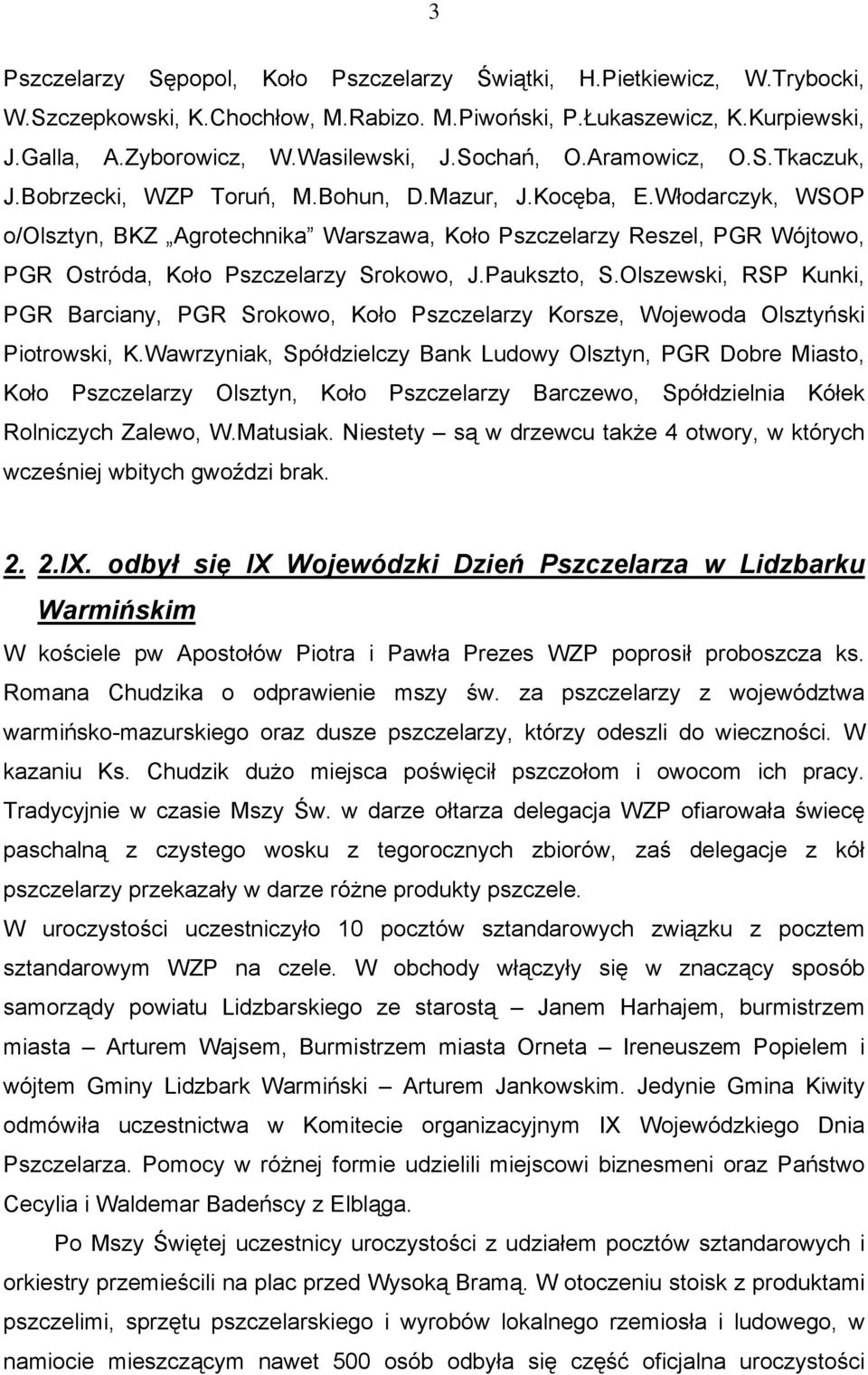 Włodarczyk, WSOP o/olsztyn, BKZ Agrotechnika Warszawa, Koło Pszczelarzy Reszel, PGR Wójtowo, PGR Ostróda, Koło Pszczelarzy Srokowo, J.Paukszto, S.