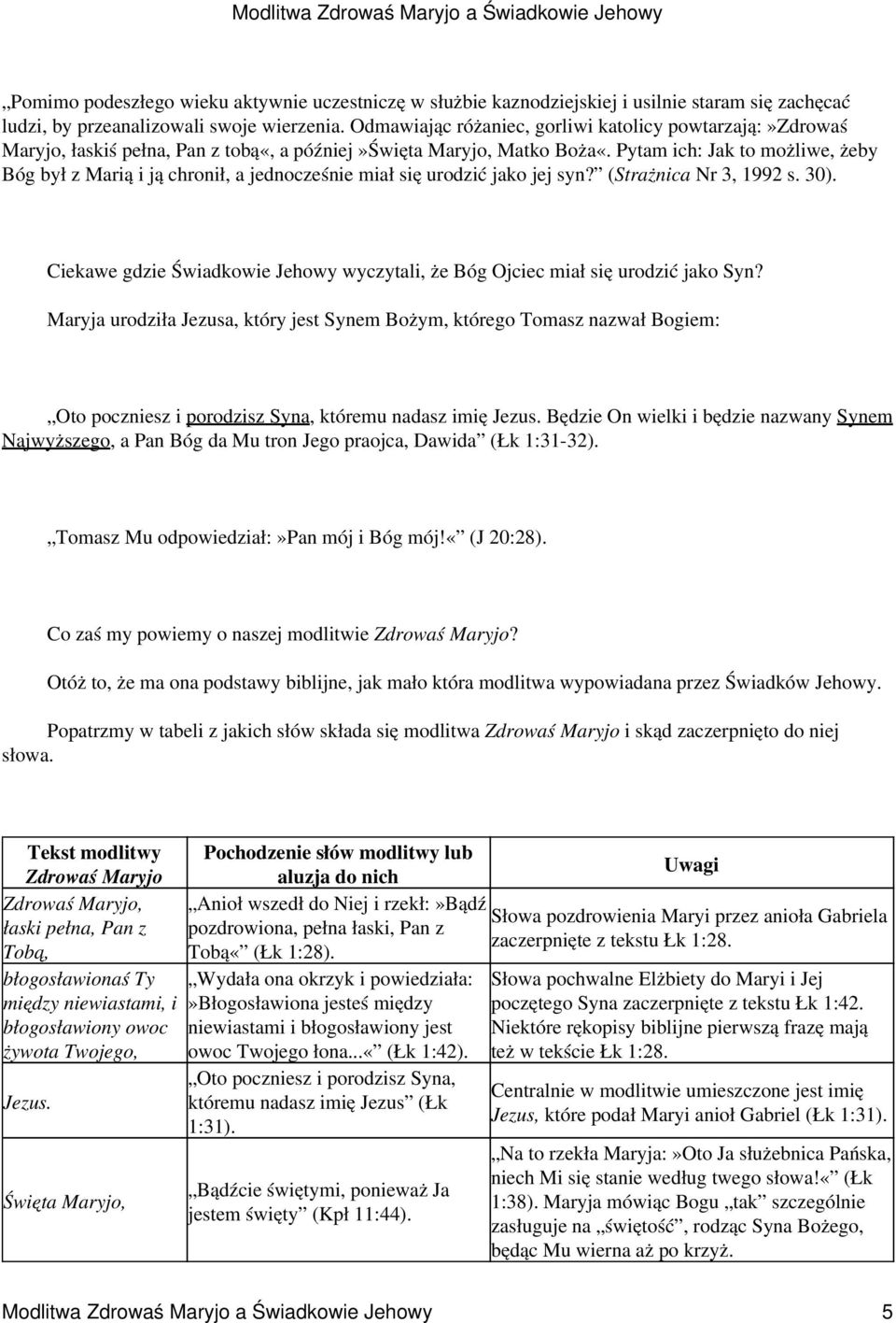 Pytam ich: Jak to możliwe, żeby Bóg był z Marią i ją chronił, a jednocześnie miał się urodzić jako jej syn? (Strażnica Nr 3, 1992 s. 30).