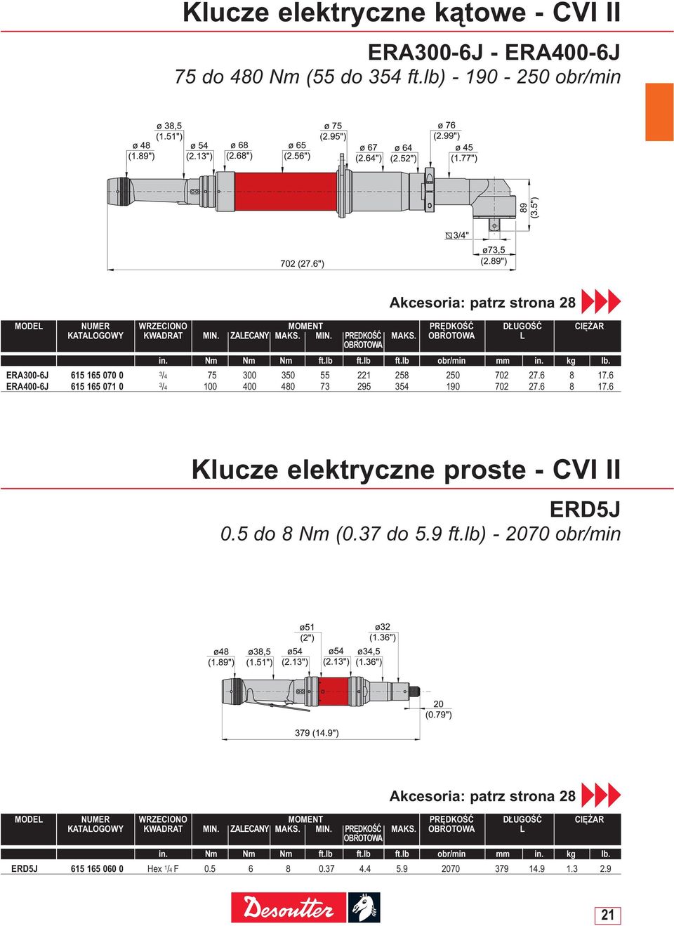 L ERA300-6J 615 165 070 0 3/4 75 300 350 55 221 258 250 702 27.6 8 17.6 ERA400-6J 615 165 071 0 3/4 100 400 480 73 295 354 190 702 27.6 8 17.6 Klucze elektryczne proste - CVI II ERD5J 0.