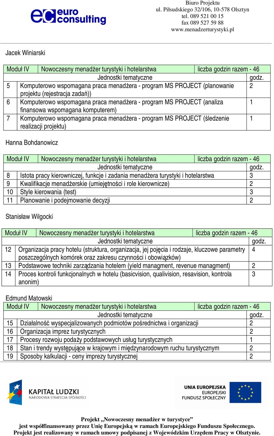 menadżera turystyki i hotelarstwa 3 9 Kwalifikacje menadżerskie (umiejętności i role kierownicze) 2 10 Style kierowania (test) 3 11 Planowanie i podejmowanie decyzji 2 Stanisław Wilgocki 12