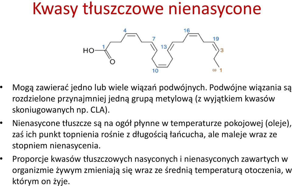 Nienasycone tłuszcze są na ogół płynne w temperaturze pokojowej (oleje), zaś ich punkt topnienia rośnie z długością łaocucha,