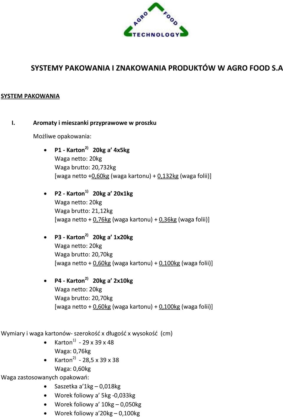 Waga brutto: 21,12kg [waga netto + 0,76kg (waga kartonu) + 0,36kg (waga folii)] P3 - Karton 2) 20kg a 1x20kg Waga brutto: 20,70kg [waga netto + 0,60kg (waga kartonu) + 0,100kg (waga folii)] P4 -