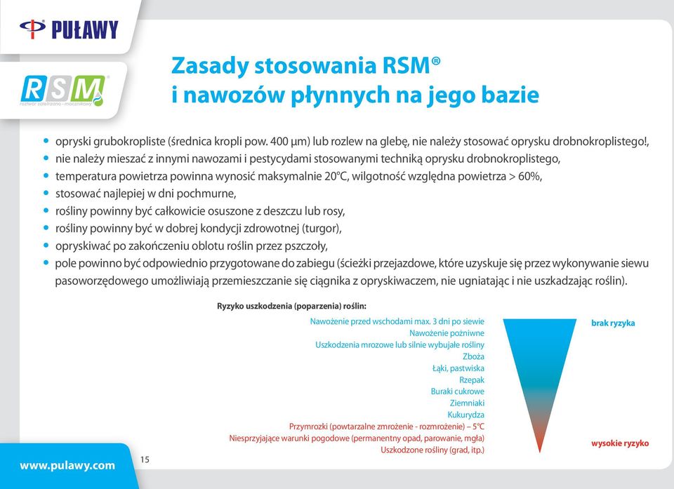 stosować najlepiej w dni pochmurne, rośliny powinny być całkowicie osuszone z deszczu lub rosy, rośliny powinny być w dobrej kondycji zdrowotnej (turgor), opryskiwać po zakończeniu oblotu roślin