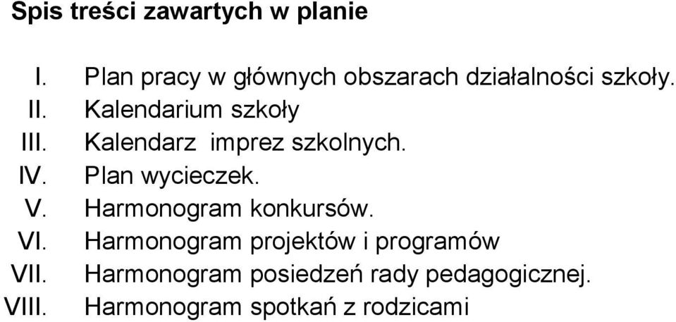 Kalendarium szkoły III. Kalendarz imprez ch. IV. Plan wycieczek. V.