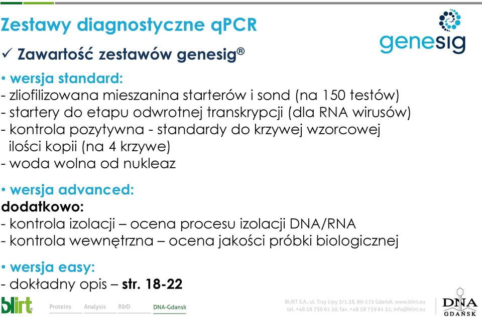 krzywej wzorcowej ilości kopii (na 4 krzywe) - woda wolna od nukleaz wersja advanced: dodatkowo: - kontrola izolacji