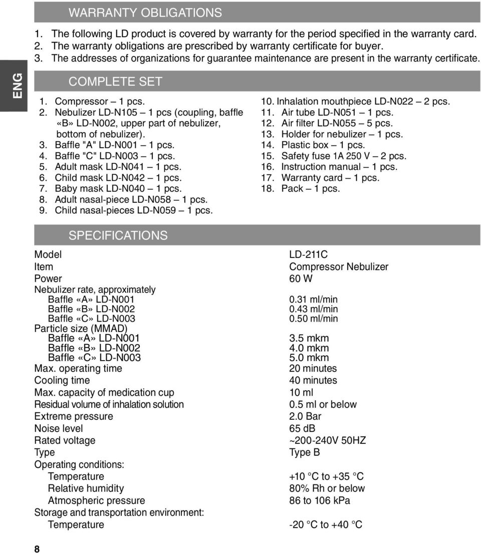 Nebulizer LD-N105 1 pcs (coupling, baffle «B» LD-N002, upper part of nebulizer, bottom of nebulizer). 3. Baffle "A" LD-N001 1 pcs. 4. Baffle "C" LD-N003 1 pcs. 5. Adult mask LD-N041 1 pcs. 6.