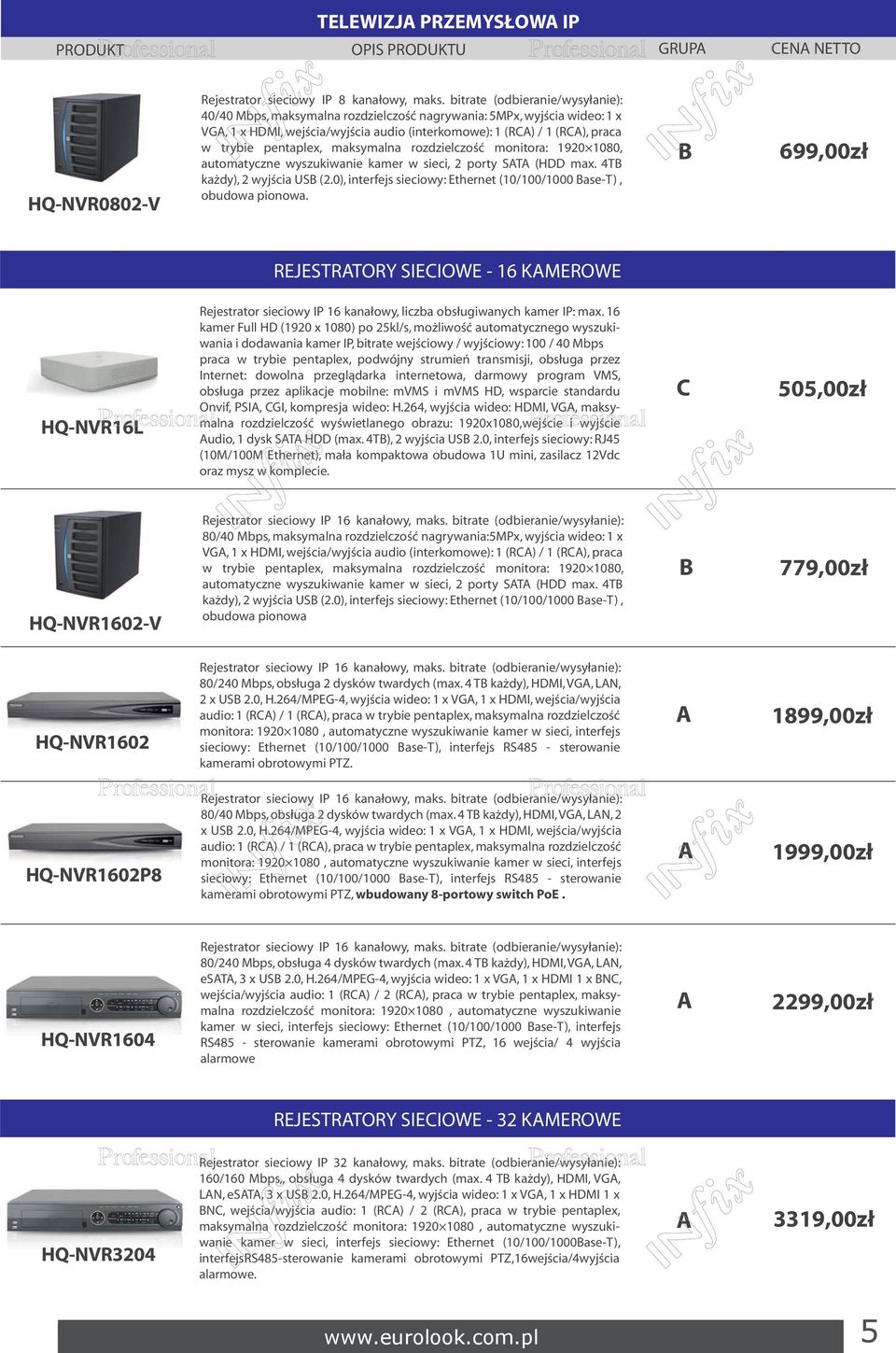 maksymalna rozdzielczość monitora: 1920 1080, automatyczne wyszukiwanie kamer w sieci, 2 porty ST (HDD max. 4T każdy), 2 wyjścia US (2.