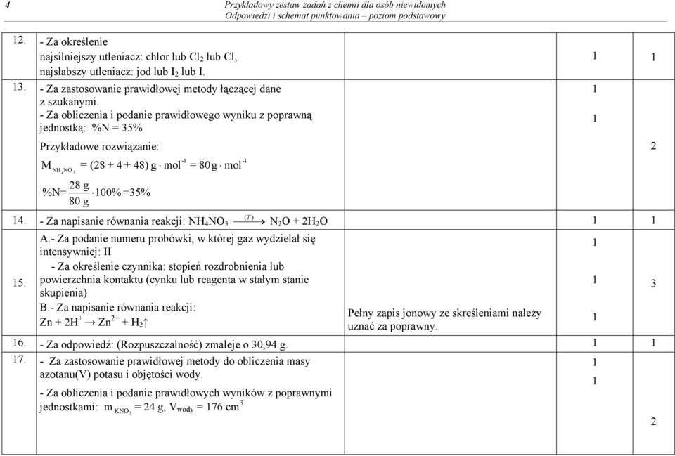 - Za obliczenia i podanie prawidłowego wyniku z poprawną jednostką: %N 5% M (8 + 4 + 48) g mol 80g mol NH NO 4 %N 8 g 00% 5% 80 g - - 4. - Za napisanie równania reakcji: NH 4 NO (T ) N O + H O 5. A.