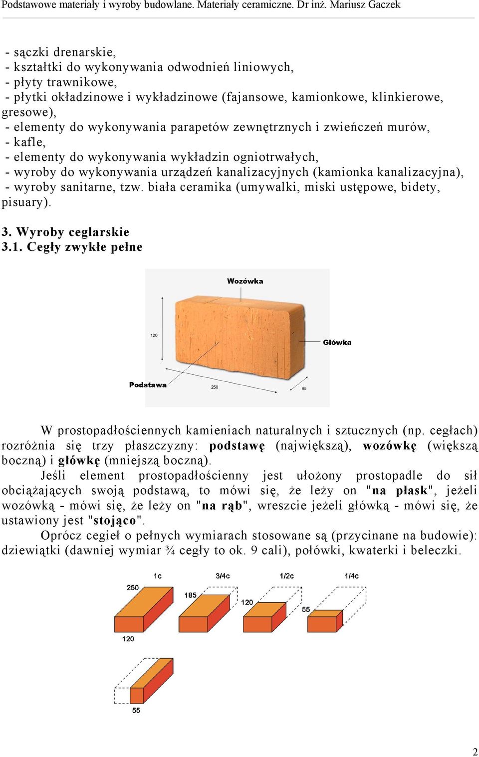 tzw. biała ceramika (umywalki, miski ustępowe, bidety, pisuary). 3. Wyroby ceglarskie 3.1. Cegły zwykłe pełne W prostopadłościennych kamieniach naturalnych i sztucznych (np.