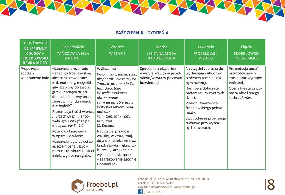 froeblowski wybieg Piątek: froeblowski pokaz mody Nauczyciel prezentuje na tablicy froeblowskiej akcesoria krawieckie: nici, materiały, nożyczki, igły, szablony do szycia, guziki.