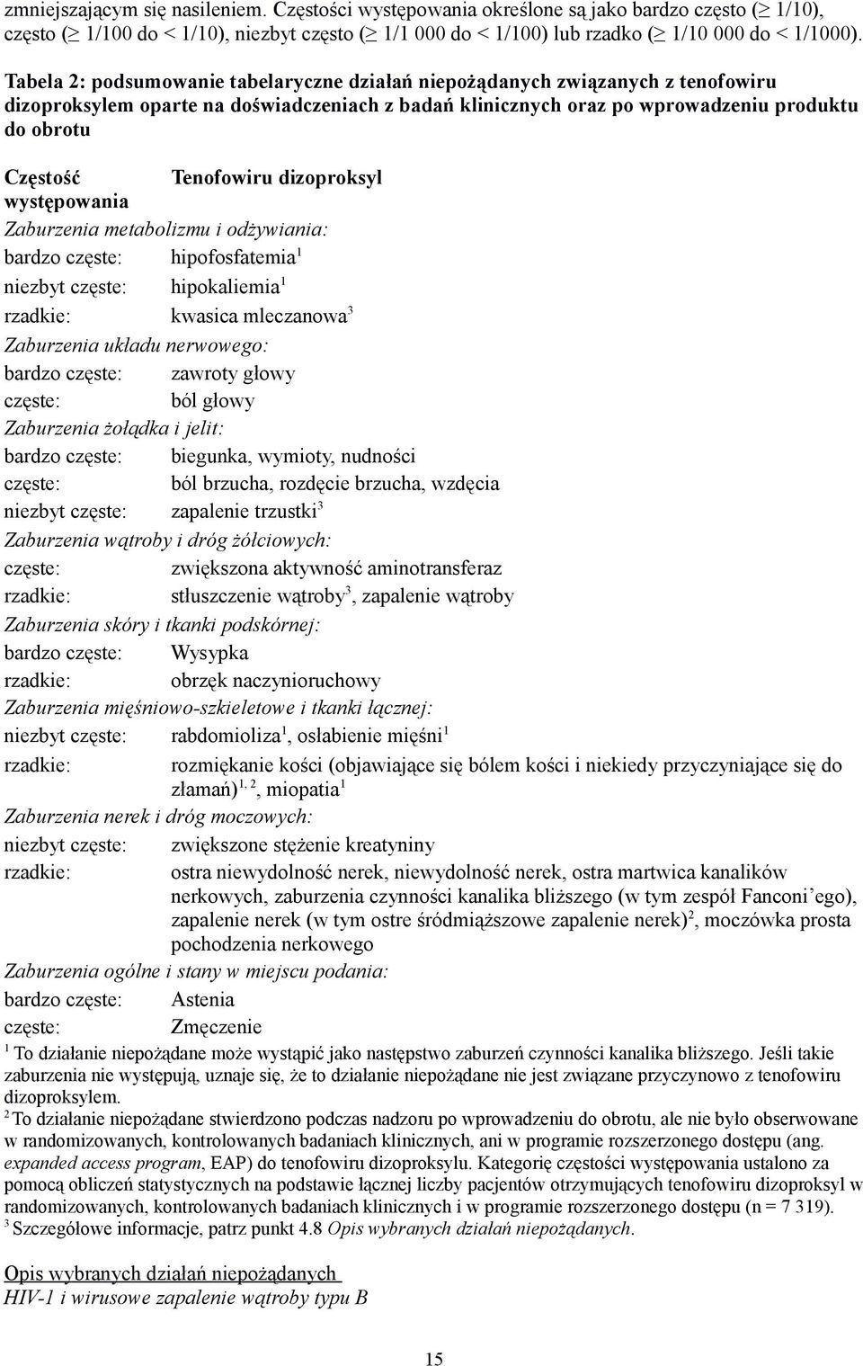 Tenofowiru dizoproksyl występowania Zaburzenia metabolizmu i odżywiania: bardzo częste: hipofosfatemia 1 niezbyt częste: hipokaliemia 1 rzadkie: kwasica mleczanowa 3 Zaburzenia układu nerwowego: