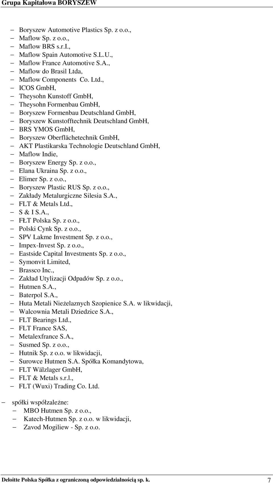 , ICOS GmbH, Theysohn Kunstoff GmbH, Theysohn Formenbau GmbH, Boryszew Formenbau Deutschland GmbH, Boryszew Kunstofftechnik Deutschland GmbH, BRS YMOS GmbH, Boryszew Oberflächetechnik GmbH, AKT