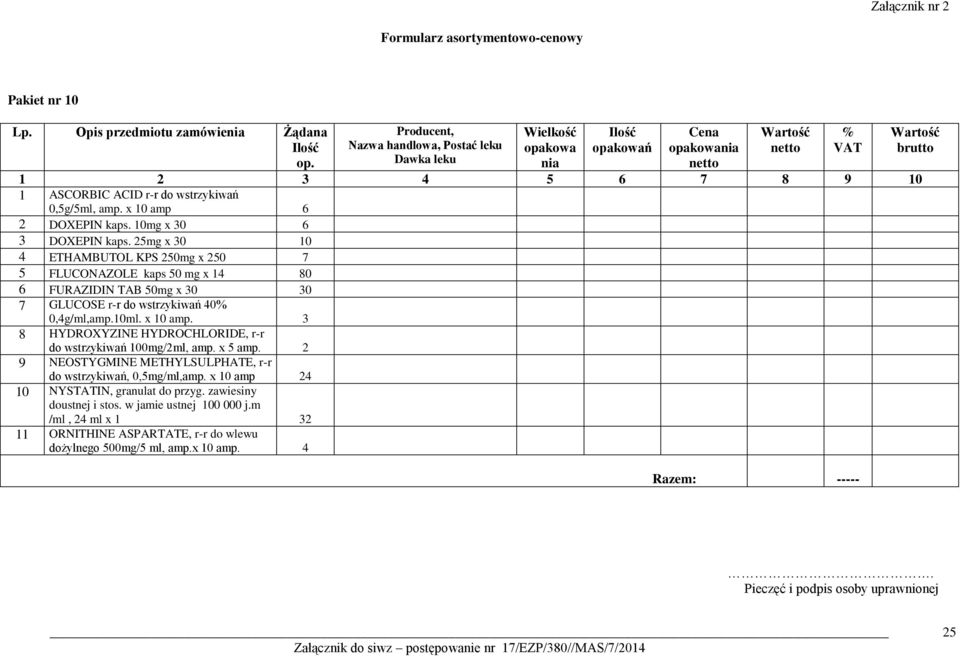 x 10 amp. 3 8 HYDROXYZINE HYDROCHLORIDE, r-r do wstrzykiwań 100mg/2ml, amp. x 5 amp. 2 9 NEOSTYGMINE METHYLSULPHATE, r-r do wstrzykiwań, 0,5mg/ml,amp.